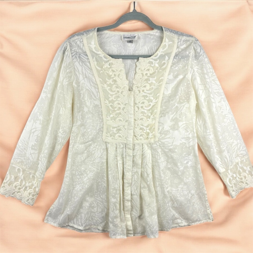 Coldwater Creek Cream Lace Jacquard Blouse Sheer Peasant Tunic Bohemian Sz Small